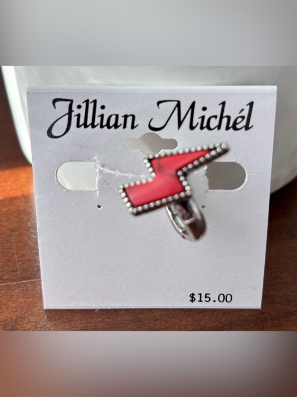 Jillian Michel Lightening Bolt Silvertone & coral  stretch ring